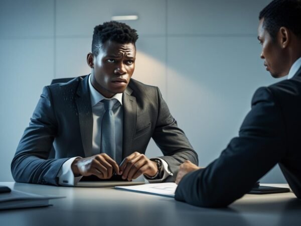 Nervous job seeker facing a recruiter during a South African job interview, highlighting common interview questions and interview stress.