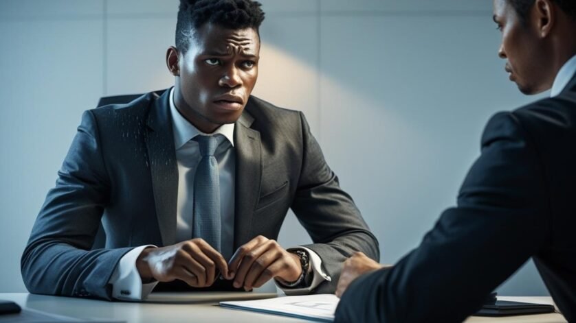 Nervous job seeker facing a recruiter during a South African job interview, highlighting common interview questions and interview stress.