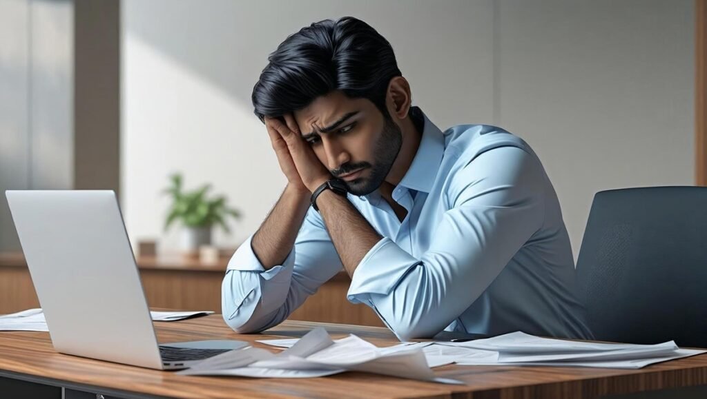 Young job seeker stressed about being unemployed while looking at a laptop and papers.